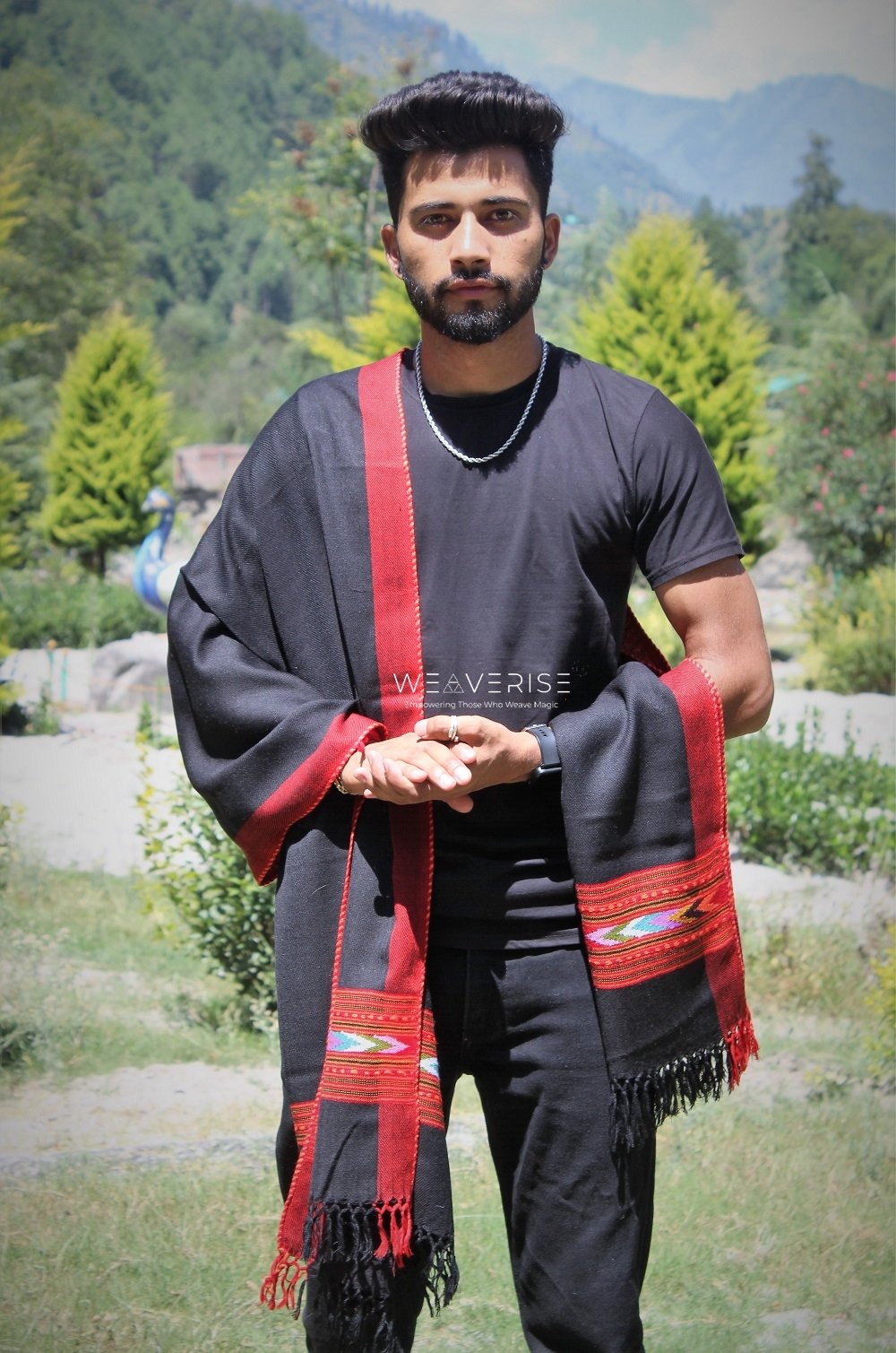 Black Kingri Design Hand-loom Woven Wool Stole Scarf for Men