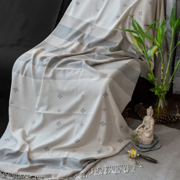 Ethically Handwoven Merino Wool Blanket Shawl in Cream with Stripes