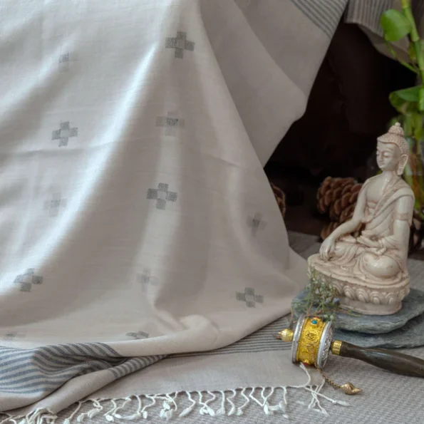 Ethically Handwoven Merino Wool Blanket Shawl in Cream with Stripes