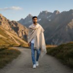 Cream handspun pure wool men’s shawl Lohi handloom woven in Kullu Himachal By Himalayankraft