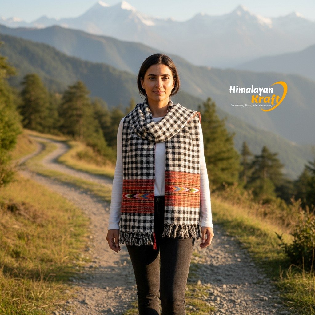 Kullu Handloom Pure Wool authentic handmade women stole scarf by Himalayankraft Checked 1