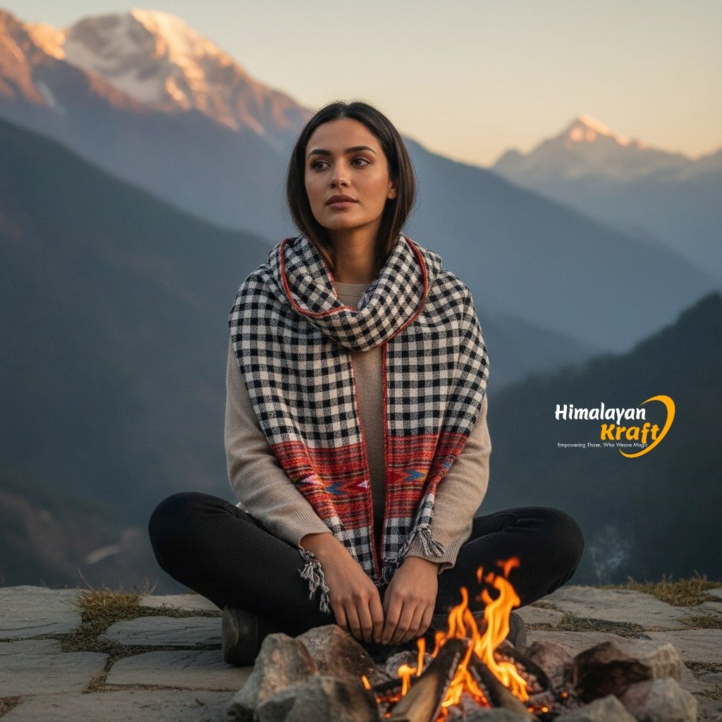 Kullu Handloom Pure Wool authentic handmade women stole scarf by Himalayankraft Checked 2