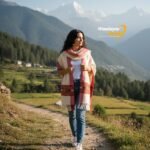 White Kullu handloom wool stole with traditional Himachali border, handwoven by artisans in Kullu, Himachal Pradesh 2